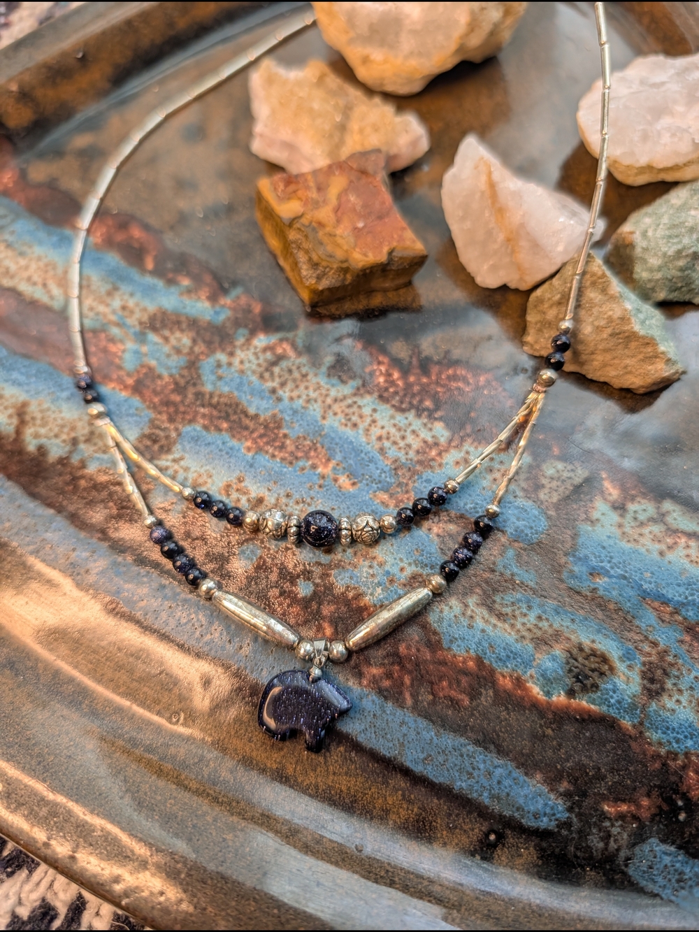 Handcrafted Blue Goldstone Layered Pendant Necklace
